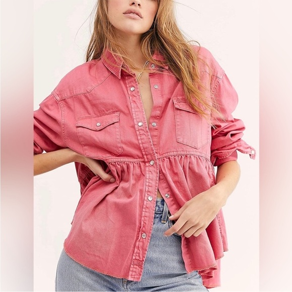 Free People DYLAN Babydoll PINK LOVE Snap button Top Oversized Sz S - Picture 2 of 16